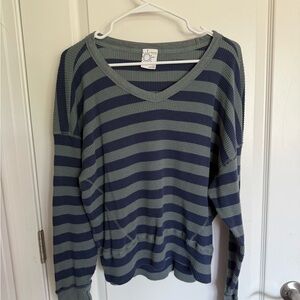Aerie Navy and Gray Striped V-Neck Sweater